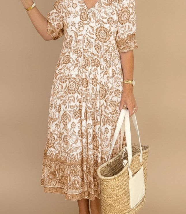 Women's Floral Maxi Summer Dress with V-Neck and Short Sleeve