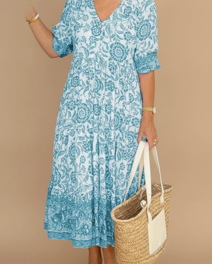 Women's Floral Maxi Summer Dress with V-Neck and Short Sleeve