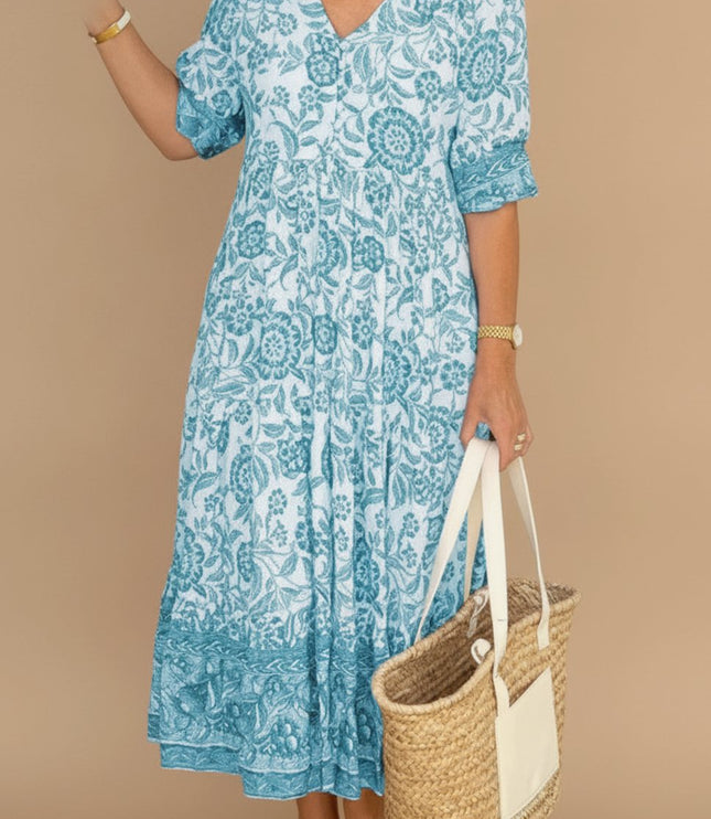 Women's Floral Maxi Summer Dress with V-Neck and Short Sleeve