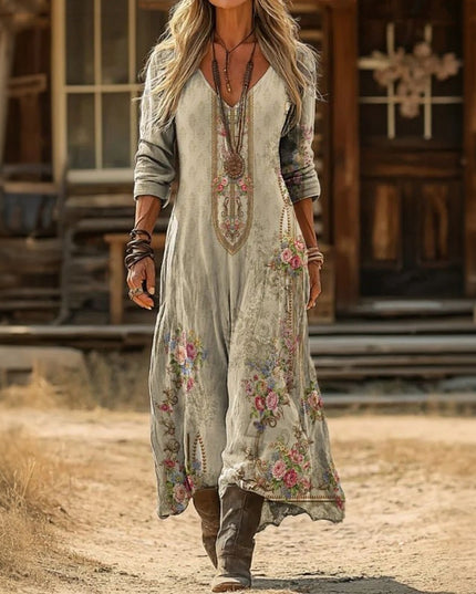 Women's Floral Patchwork Maxi Dress with Long Sleeves