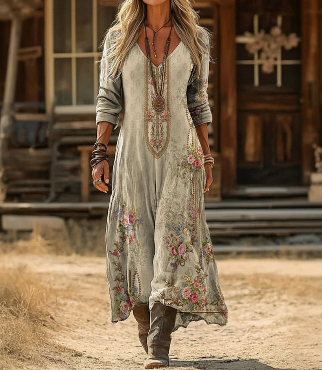 Women's Floral Patchwork Maxi Dress with Long Sleeves