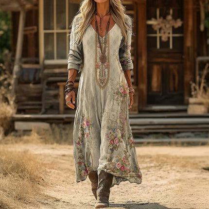 Women's Floral Patchwork Maxi Dress with Long Sleeves