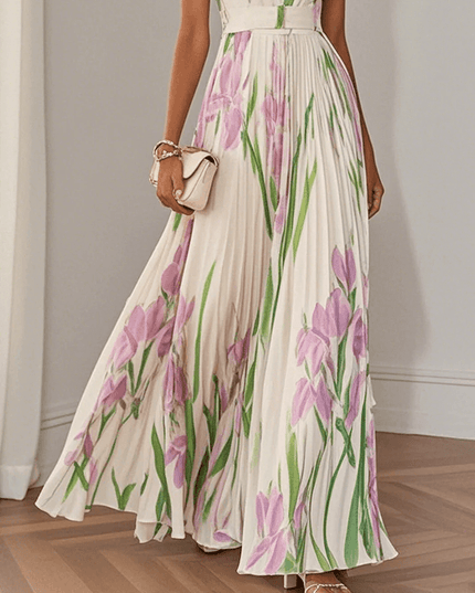 Women's Floral Pleated Square Neck Maxi Dress with Wide Straps