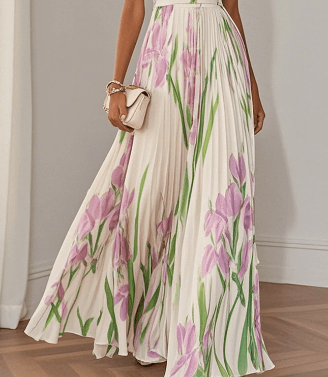 Women's Floral Pleated Square Neck Maxi Dress with Wide Straps