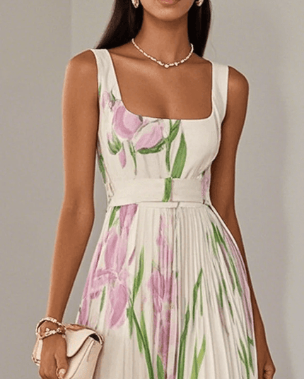 Women's Floral Pleated Square Neck Maxi Dress with Wide Straps