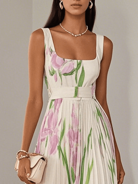 Women's Floral Pleated Square Neck Maxi Dress with Wide Straps