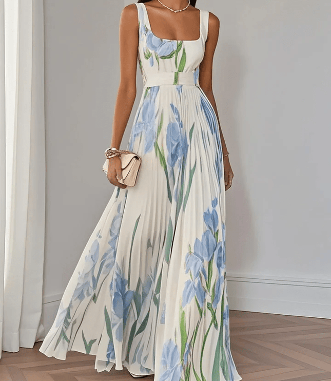 Women's Floral Pleated Square Neck Maxi Dress with Wide Straps