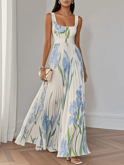 Women's Floral Pleated Square Neck Maxi Dress with Wide Straps