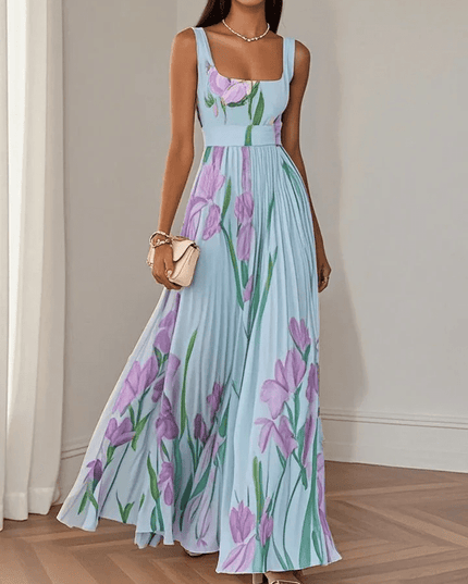 Women's Floral Pleated Square Neck Maxi Dress with Wide Straps