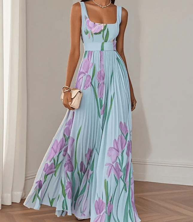 Women's Floral Pleated Square Neck Maxi Dress with Wide Straps