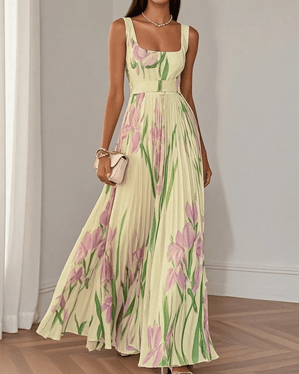 Women's Floral Pleated Square Neck Maxi Dress with Wide Straps