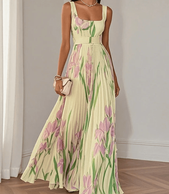 Women's Floral Pleated Square Neck Maxi Dress with Wide Straps