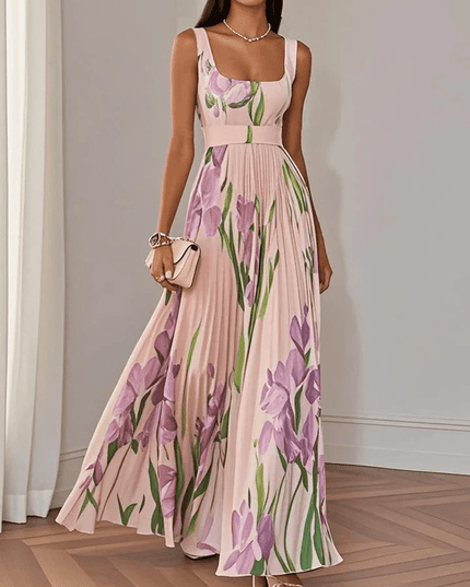Women's Floral Pleated Square Neck Maxi Dress with Wide Straps