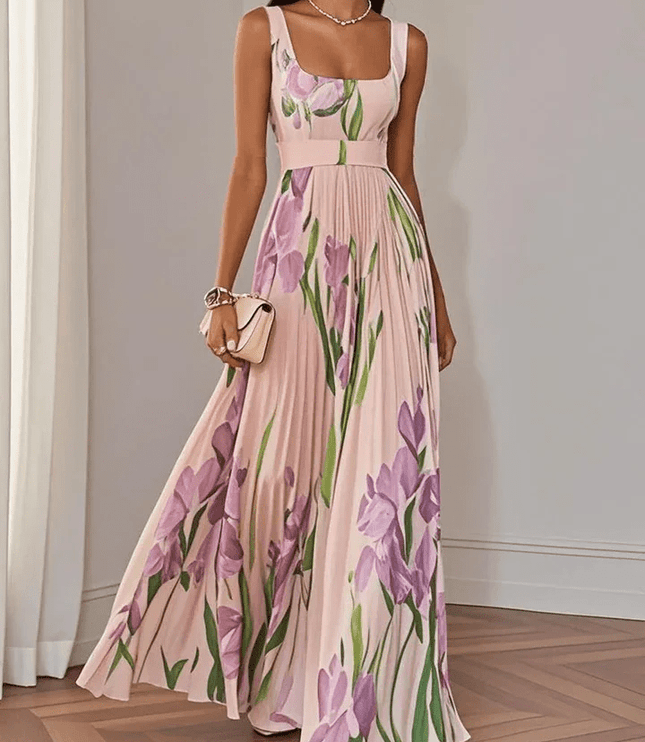 Women's Floral Pleated Square Neck Maxi Dress with Wide Straps