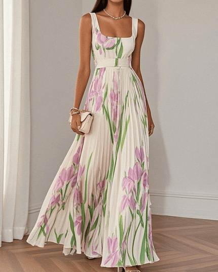 Women's Floral Pleated Square Neck Maxi Dress with Wide Straps