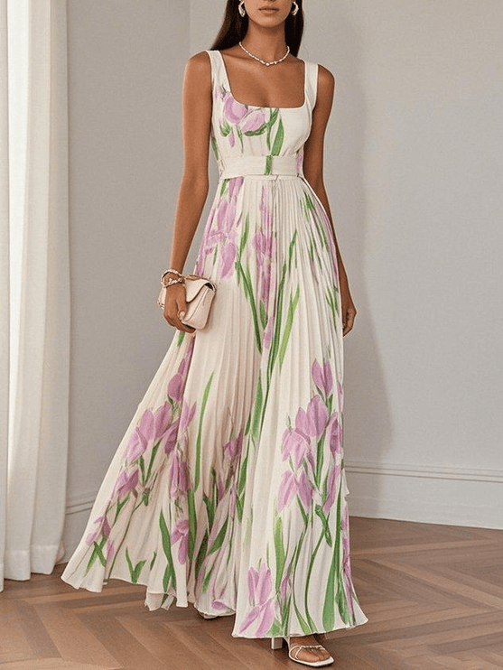 Women's Floral Pleated Square Neck Maxi Dress with Wide Straps