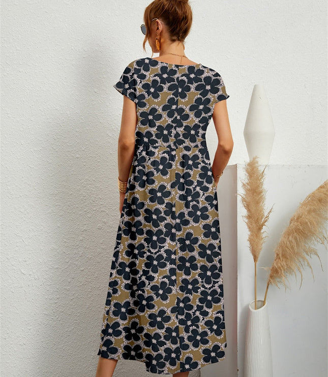Women's Floral Print Maxi Dress with Side Pockets