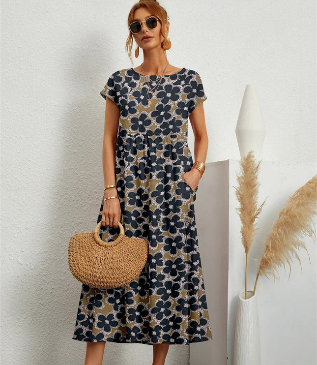 Women's Floral Print Maxi Dress with Side Pockets