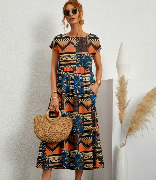 Women's Floral Print Maxi Dress with Side Pockets