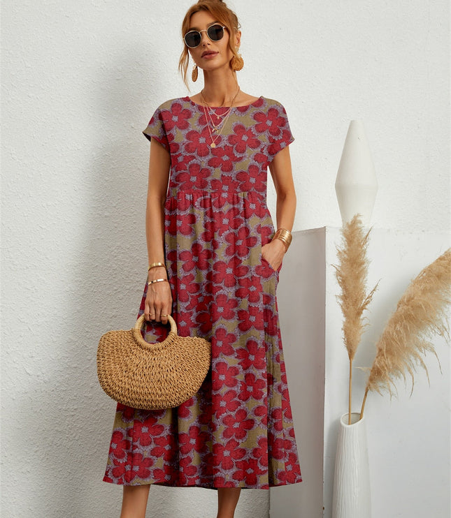 Women's Floral Print Maxi Dress with Side Pockets