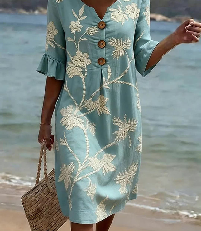 Women's Floral Print V-Neck Dress with Ruffle Sleeves