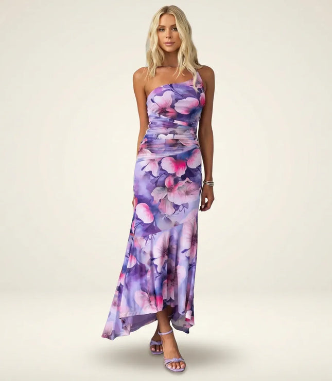 Women purple pink floral midi dress with asymmetrical hemline