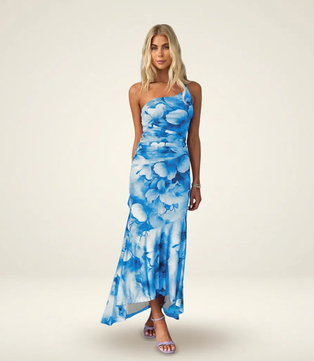Women blue floral midi dress with ruched waist and spaghetti straps