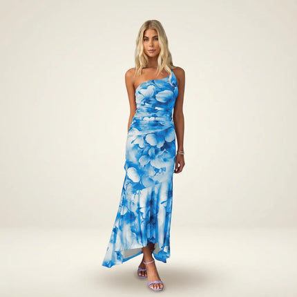 Women blue floral midi dress with ruched waist and spaghetti straps