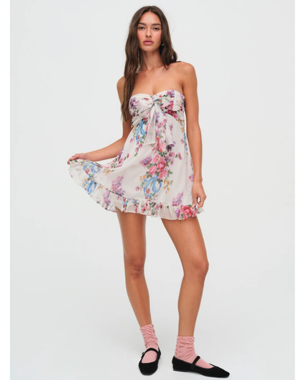Women's Floral Strapless Mini Dress for Wedding Guest and Garden Parties