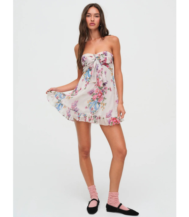 Women's Floral Strapless Mini Dress for Wedding Guest and Garden Parties