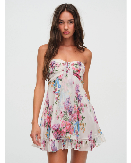 Women's Floral Strapless Mini Dress for Wedding Guest and Garden Parties