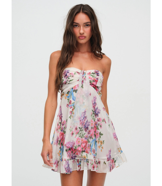 Women's Floral Strapless Mini Dress for Wedding Guest and Garden Parties