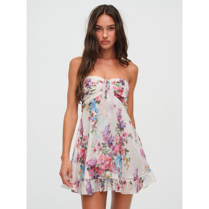 Women's Floral Strapless Mini Dress for Wedding Guest and Garden Parties