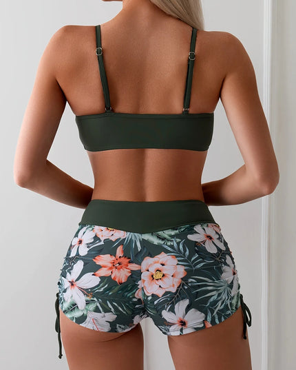 Dark green tie bikini set with ruched top and coral floral print shorts back view