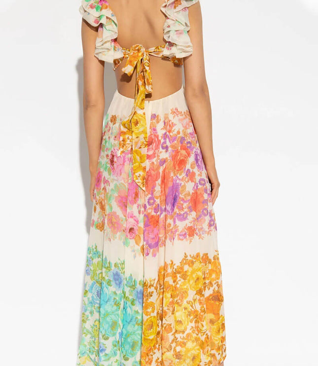 Women's Floral V-Neck Maxi Dress with Open Tie Back