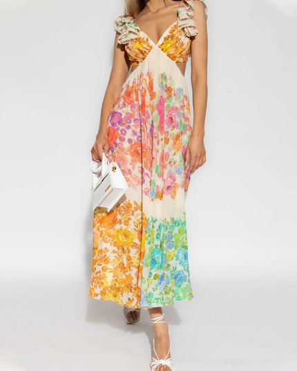 Women's Floral V-Neck Maxi Dress with Open Tie Back