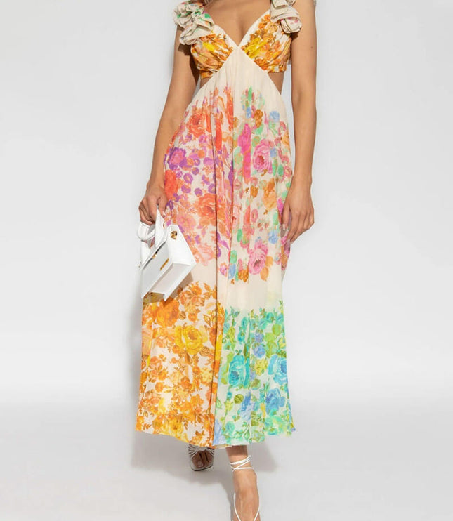 Women's Floral V-Neck Maxi Dress with Open Tie Back