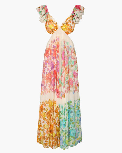 Women's Floral V-Neck Maxi Dress with Open Tie Back