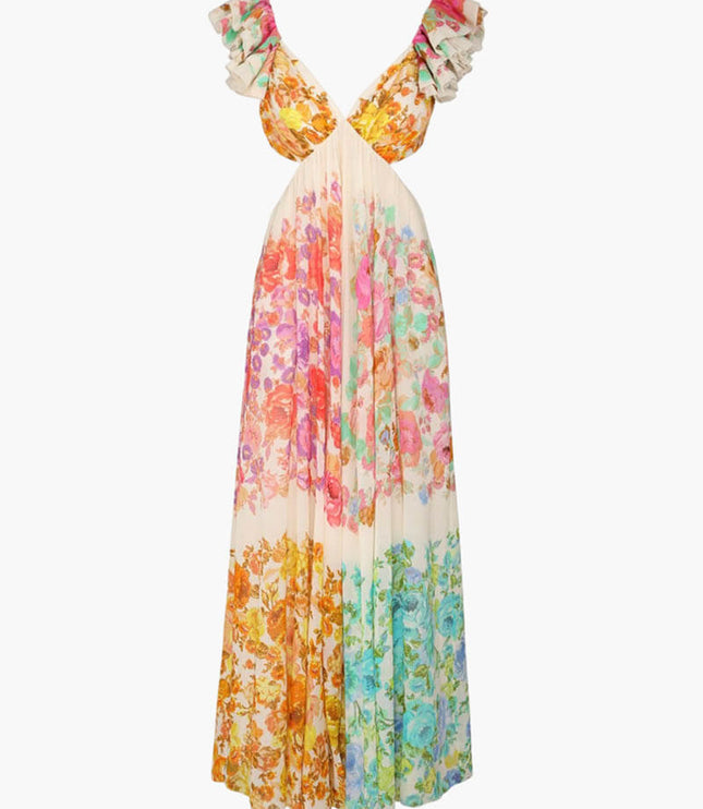 Women's Floral V-Neck Maxi Dress with Open Tie Back