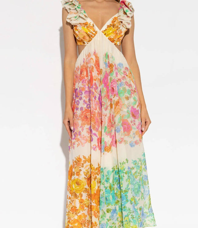 Women's Floral V-Neck Maxi Dress with Open Tie Back