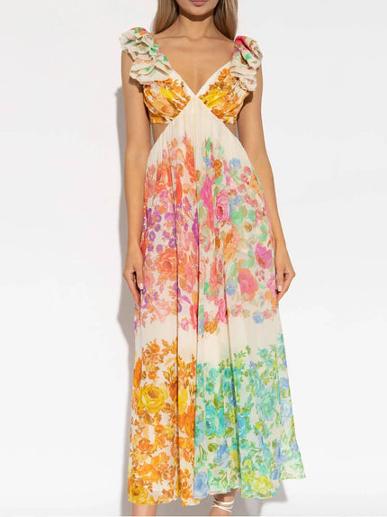 Women's Floral V-Neck Maxi Dress with Open Tie Back