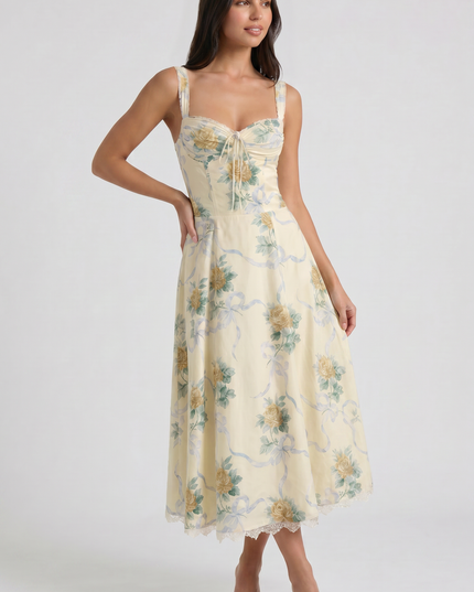 Women's Floral V-Neck Wedding Guest Midi Dress for Summer