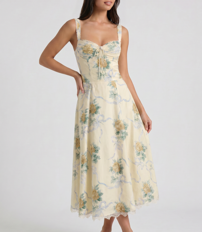 Women's Floral V-Neck Wedding Guest Midi Dress for Summer