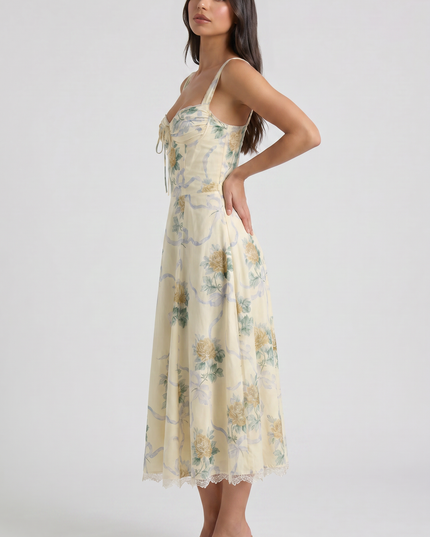 Women's Floral V-Neck Wedding Guest Midi Dress for Summer