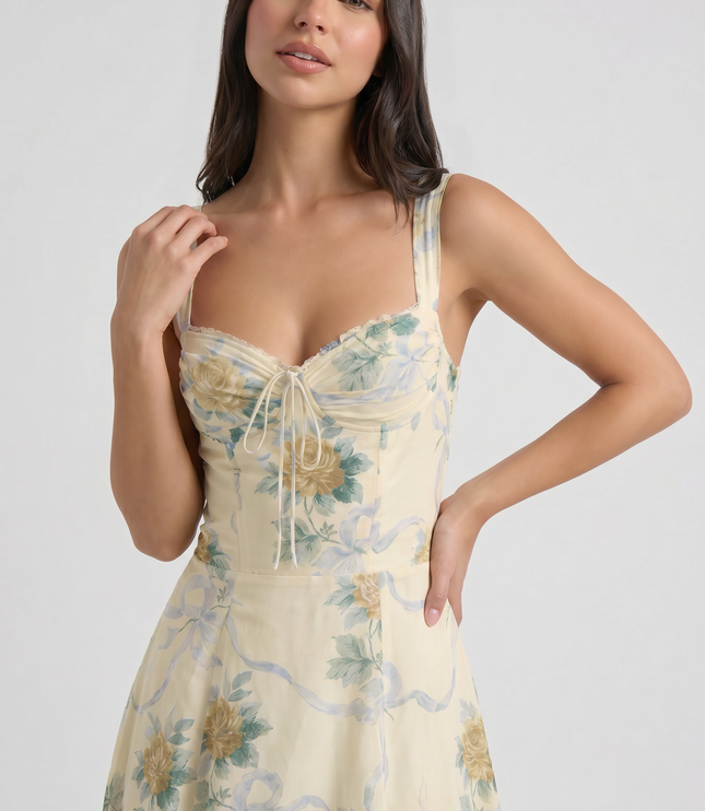 Women's Floral V-Neck Wedding Guest Midi Dress for Summer