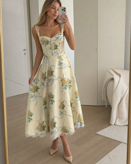 Women's Floral V-Neck Wedding Guest Midi Dress for Summer