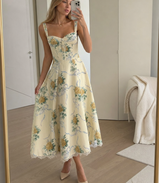 Women's Floral V-Neck Wedding Guest Midi Dress for Summer