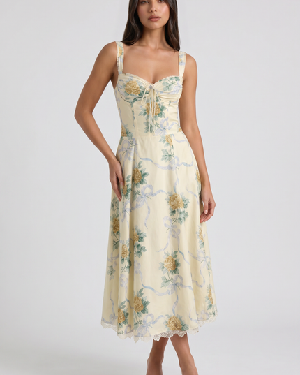 Women's Floral V-Neck Wedding Guest Midi Dress for Summer