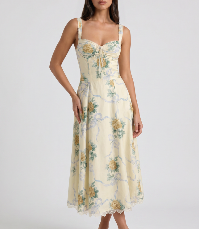 Women's Floral V-Neck Wedding Guest Midi Dress for Summer