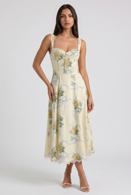 Women's Floral V-Neck Wedding Guest Midi Dress for Summer